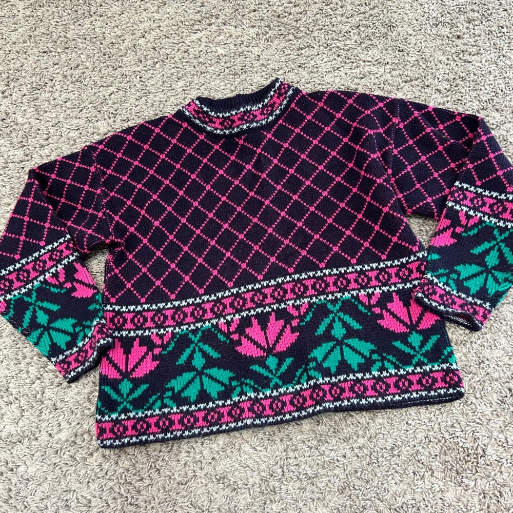 Vintage Youth Park Kids Girls 10 12 Mock Neck Sweater Navy Pink Green Floral